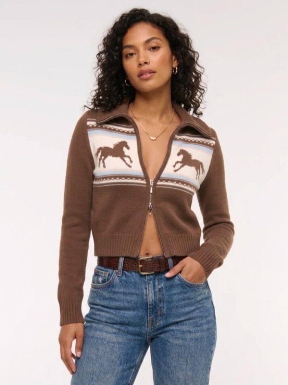 NWT Abercrombie & Fitch Western Horse Cardigan in Brown Crop Sweater XS